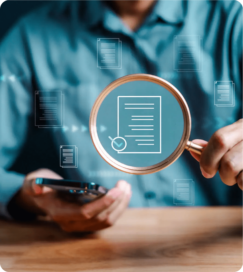 Magnifying glass over digital document on phone.