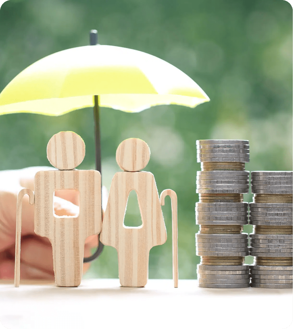 Wooden figures, umbrella, and stacked coins.